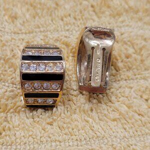 Vintage Christian Dior Clip-On Earrings – Black Enamel & Rhinestone Stripes